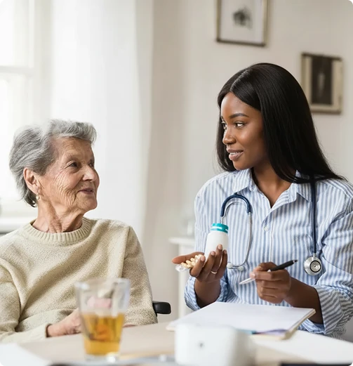 Nurse explaining medication instructions to elderly woman while holding pill bottle during home care visit