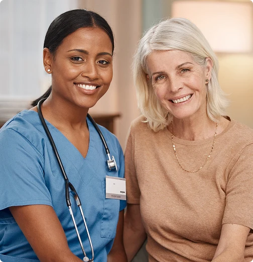 Nurse and senior woman smiling together during healthcare appointment, supportive care portrait