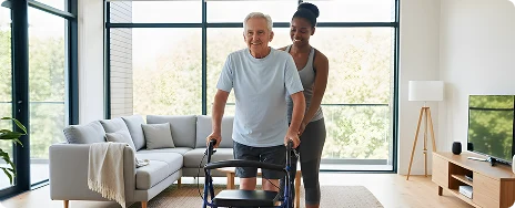 Elderly man using a walker, assisted by a smiling caregiver in a well-lit, modern living room. The scene conveys support and warmth.