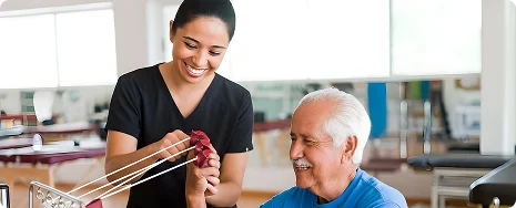 A woman in black scrubs assists a smiling elderly man with a hand exercise using elastic bands in a therapy room, conveying care and support.