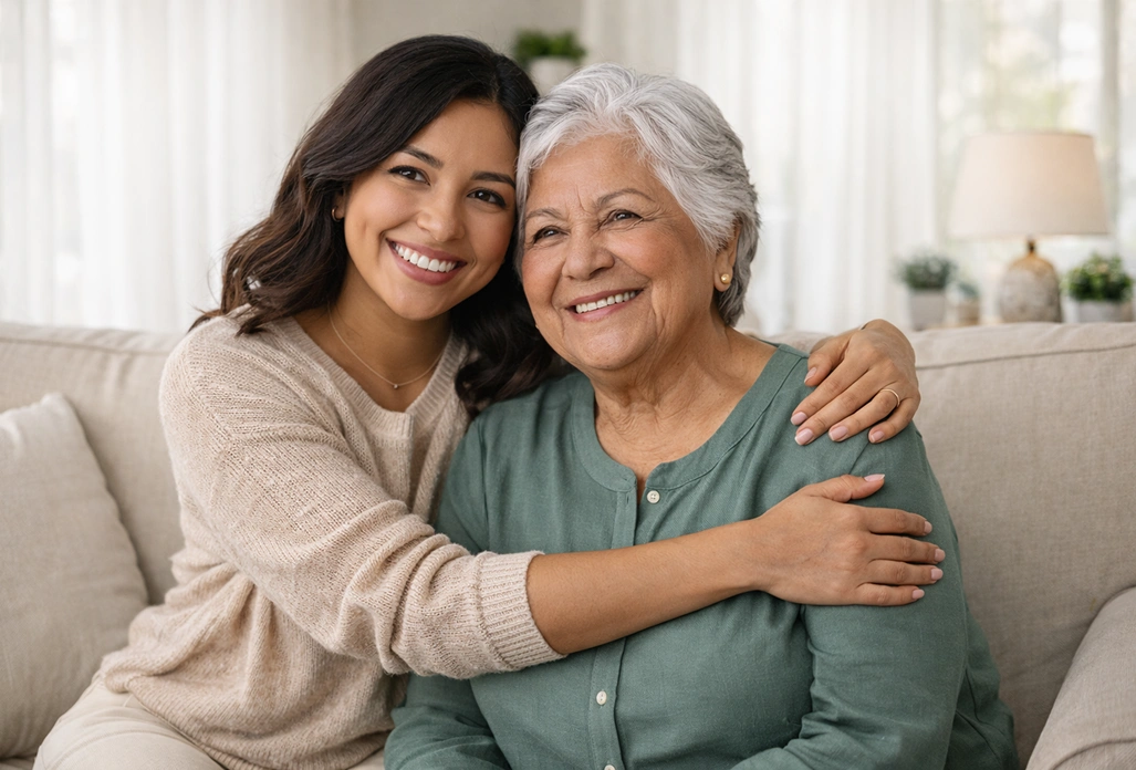 Smiling adult daughter hugging her elderly mother while sitting together on a sofa