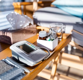 Blood pressure monitor and medical supplies arranged on a wooden bedside table
