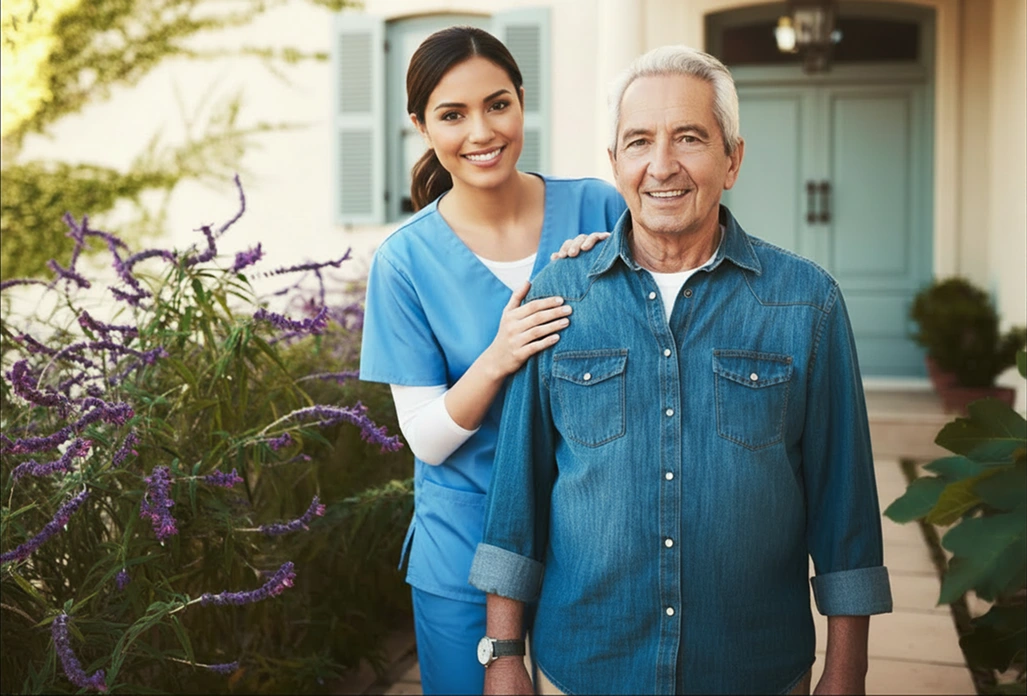 Smiling caregiver in scrubs standing beside a senior man outside his home