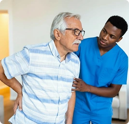Caregiver supporting a senior man experiencing back pain at home