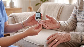 Caregiver checking a senior patient's blood sugar level using a glucose meter.